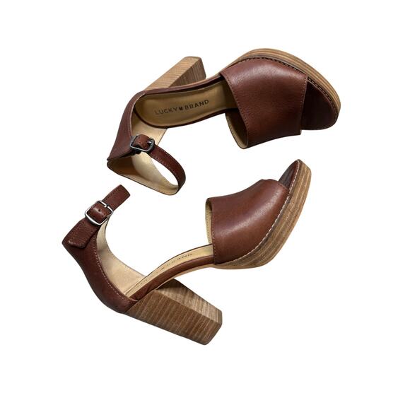 Lucky Brand Nanika Leather High Heel Sandals Brown Block Heel Open Toe 7.5 - Picture 6 of 8